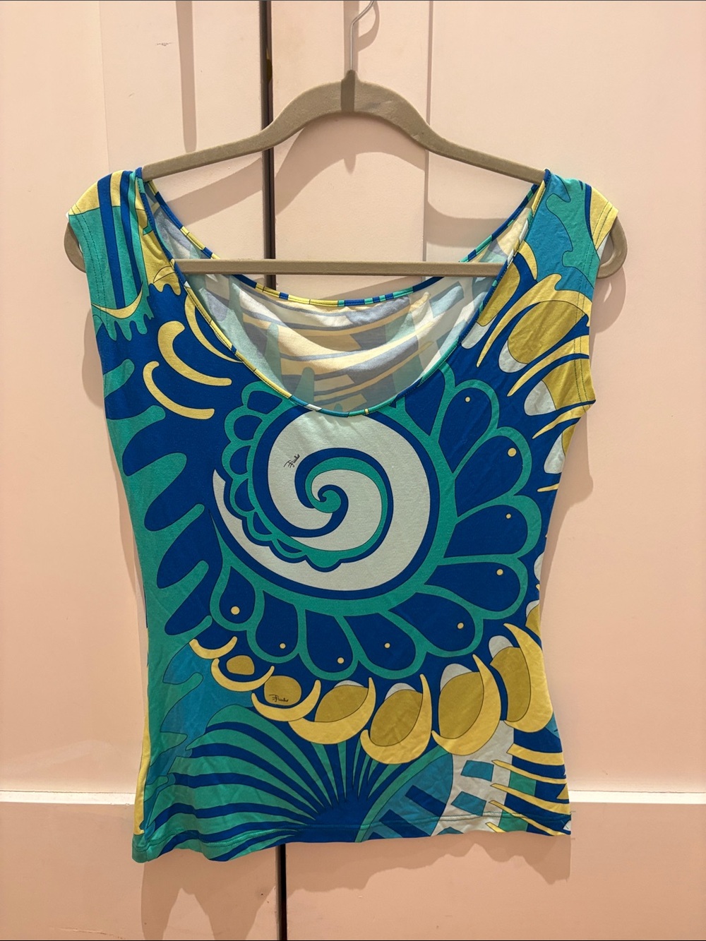 Emilio Pucci Blue, Teal & Yellow Scoop Neck Tank